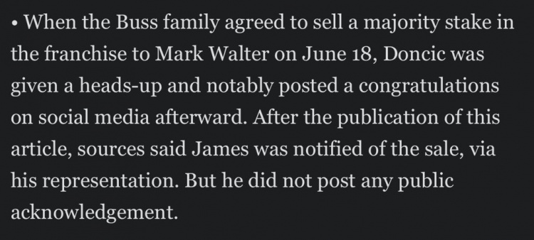 ESPN文章发表后更正：湖人被出售前 詹姆斯通过代理人得到了通知